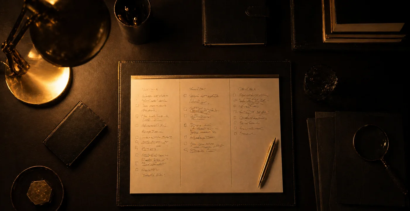 A sorted task list on a desk divided into three columns — AI for delegation triage framework