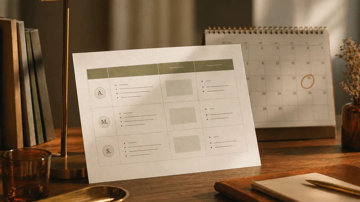 A decisions log and 90-day review trigger printed on a desk — turning offsite outputs into a record that gets used