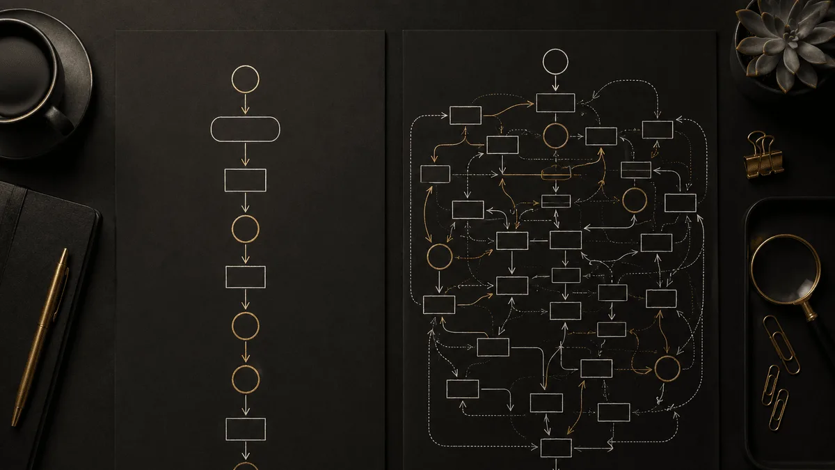 A process map showing the documented seven-step flow beside the real twenty-three-step flow with hidden handoffs — AI-assisted process mapping