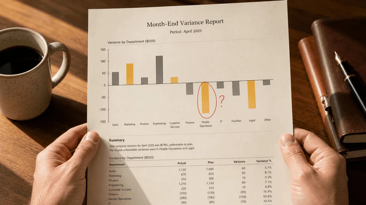 Month-end close working papers and variance analysis on a desk
