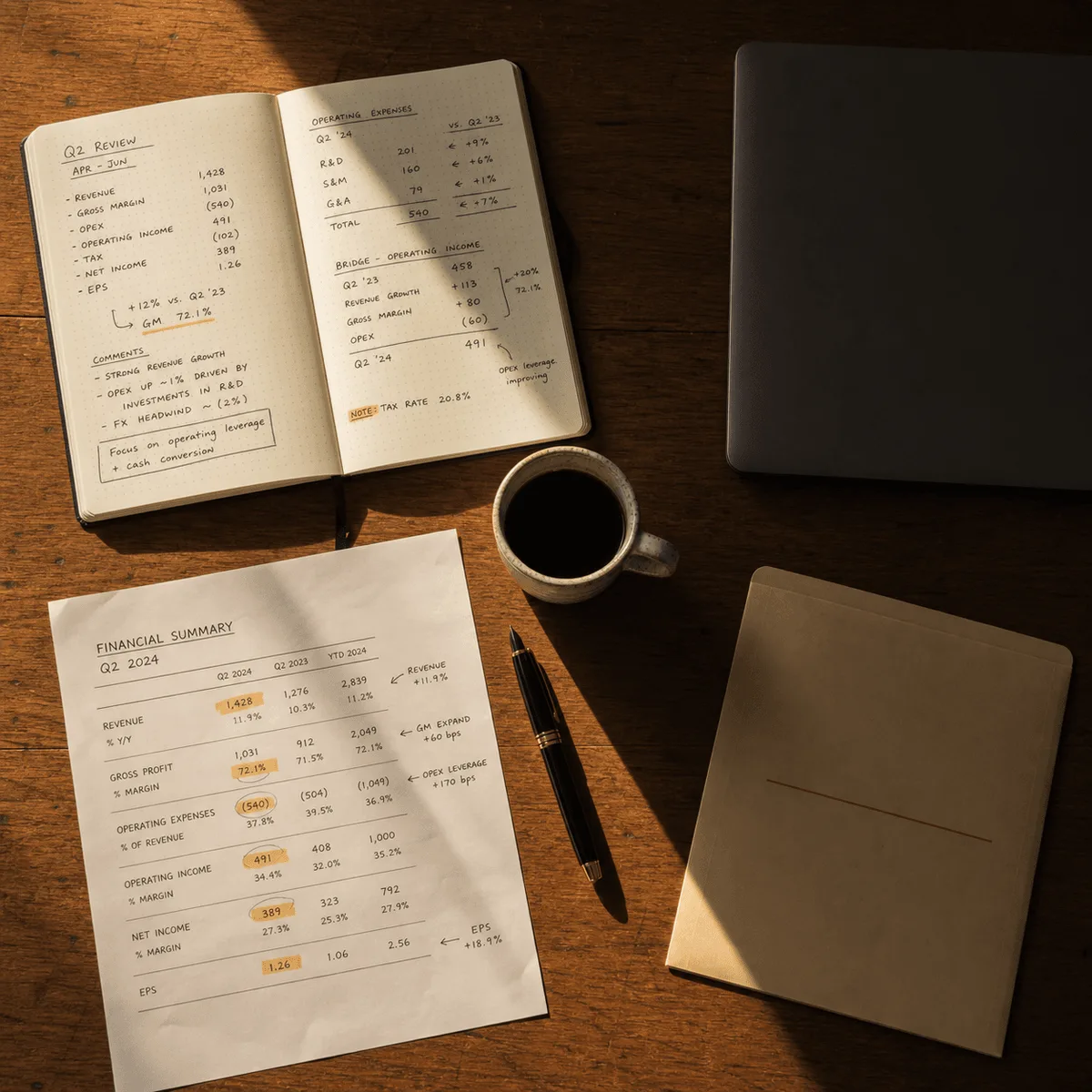 Financial summary, handwritten finance notes, laptop, pen, and coffee arranged on a desk