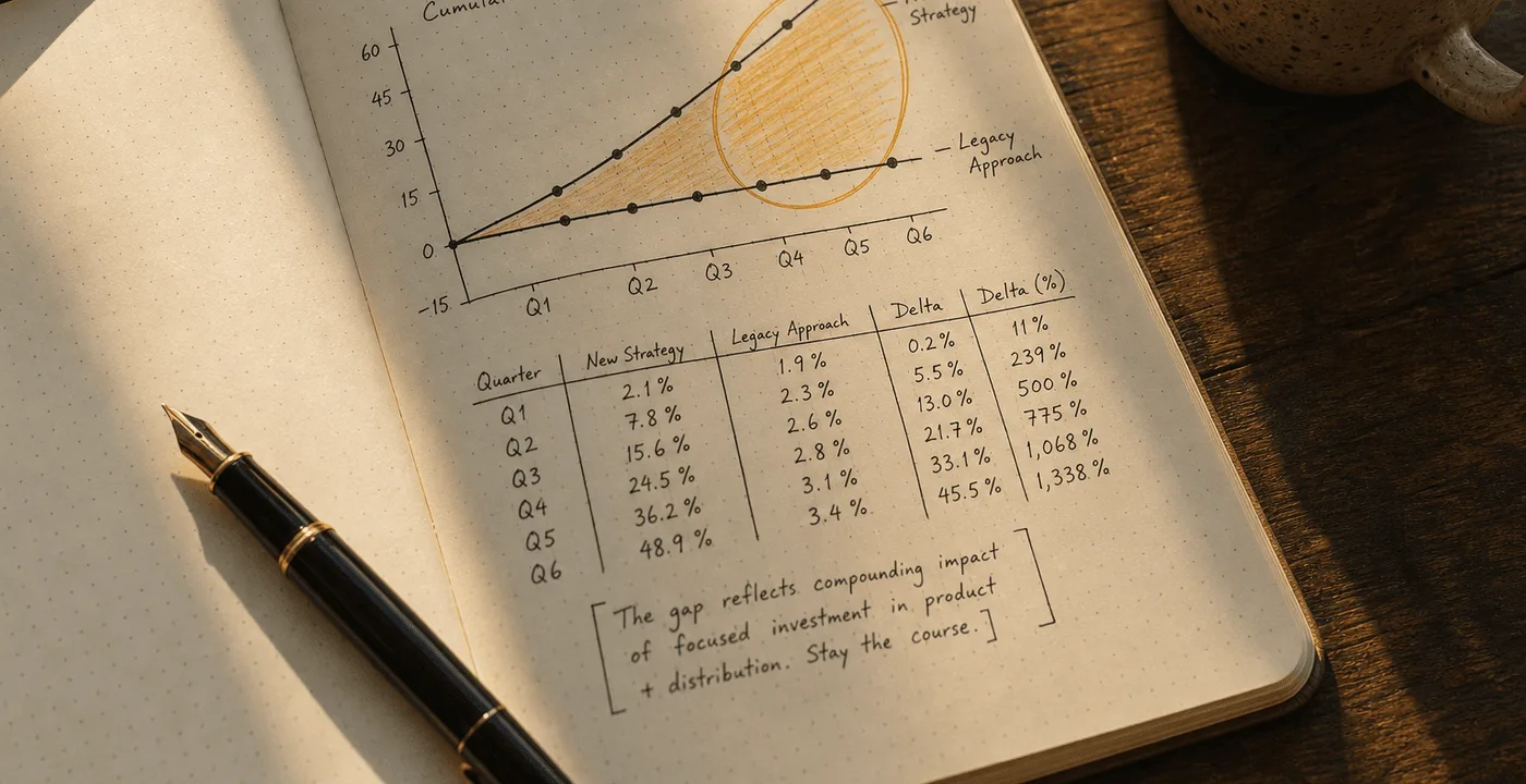 Notebook showing a hand-drawn comparison between a new strategy and a legacy approach